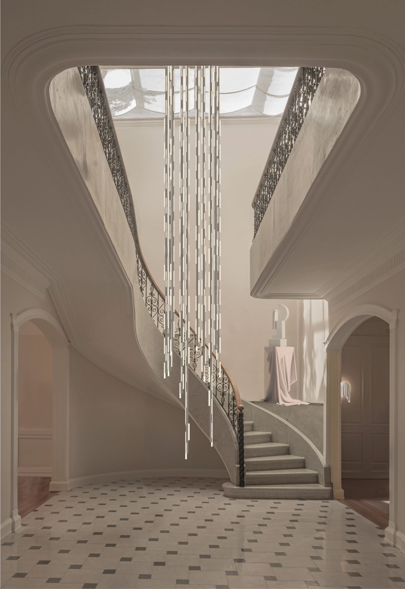 En el corazón de The Resident, el Hail Chandelier de Lee Broom desciende como cascada de cristal por el atrio de Diez Company en Polanco. Más de 50 piezas transforman esta casa histórica en un paisaje de luz y formas para Mexico City Art Week 2026.