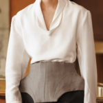 Vista cercana de un modelo en la pasarela de Campillo Fall 2026, luciendo corsé estructurado con acolchado interno sobre camisa.