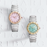 Reloj Bvlgari Bvlgari de 33 mm con esfera de marquetería de nácar artesanal, índices de diamantes y bisel grabado BVLGARI BVLGARI, inspirado en la elegancia de los veranos italianos.