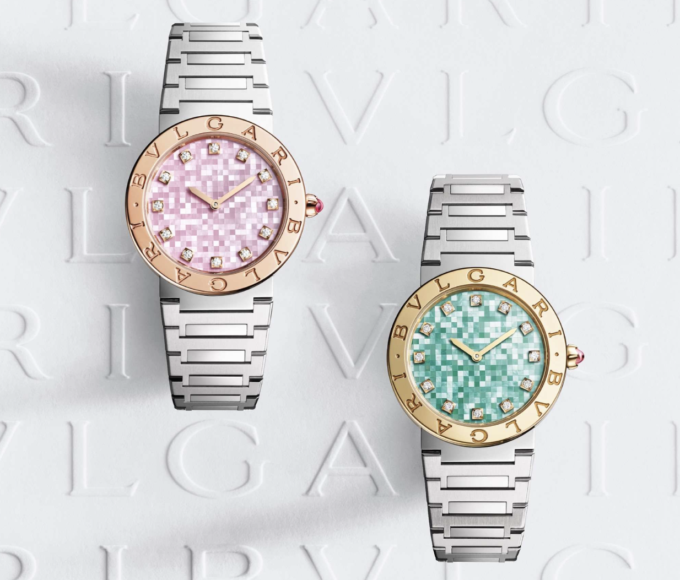 Reloj Bvlgari Bvlgari de 33 mm con esfera de marquetería de nácar artesanal, índices de diamantes y bisel grabado BVLGARI BVLGARI, inspirado en la elegancia de los veranos italianos.