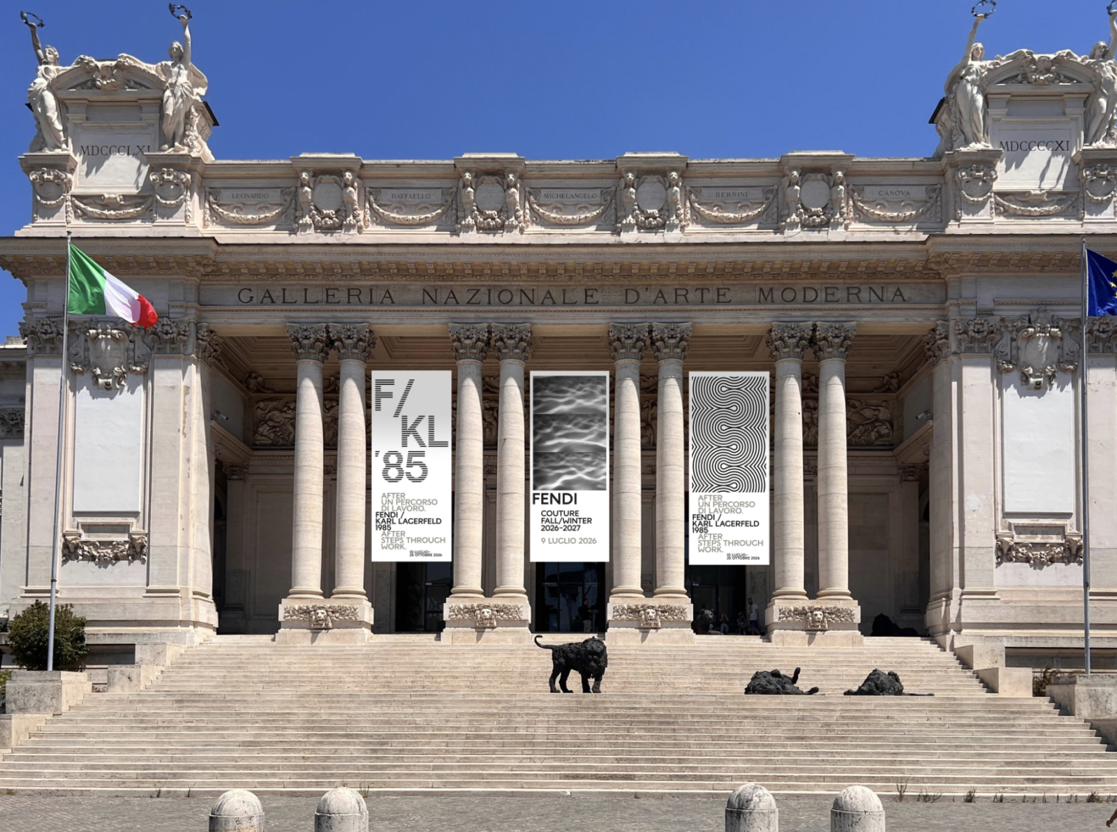 Vista exterior de la Galleria Nazionale d’Arte Moderna e Contemporanea en Roma, el emblemático museo elegido por FENDI como sede para presentar la primera colección de Alta Costura Otoño/Invierno diseñada por Maria Grazia Chiuri.